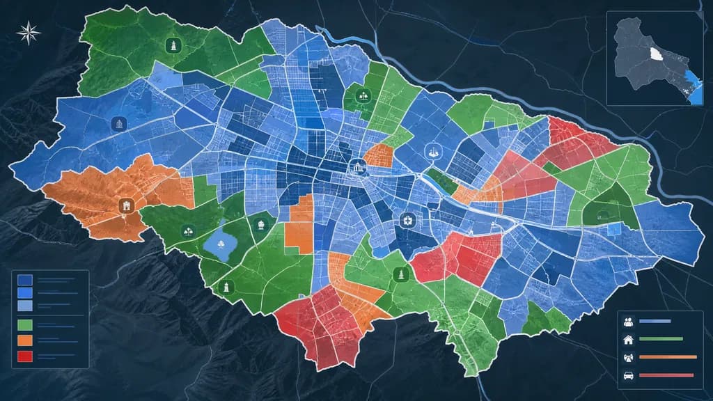 Mapa territorial de la campaña con barrios coloreados según el nivel de apoyo: zonas azules de base electoral, verdes en crecimiento, naranjas disputadas y rojas críticas